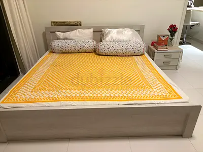 Light grey wooden king size bed frame and mattress - and matching side table having two drawers