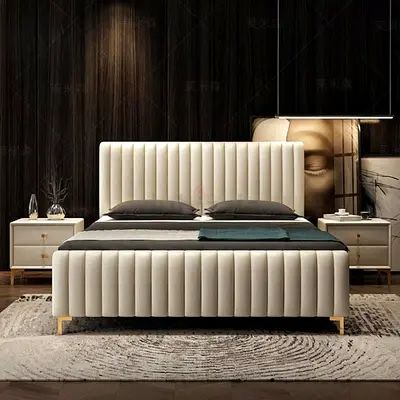 Cream upholstered KIng Size bed frame with vertical channel headboard