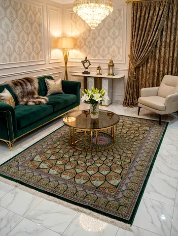 My  Qum handmade elegant Middle Eastern/irani area rug (green border) - very good condition