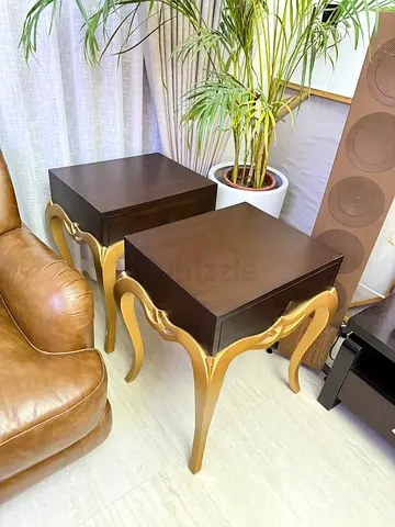 Dark wood side/night tables with gold curved legs