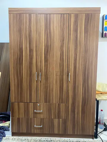 Used walnut-effect 3-door wardrobe with drawers
