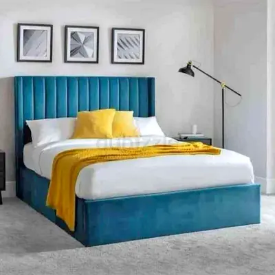 Blue Velvet Upholstered King Size Bed with Tall Channel Headboard