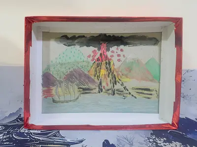 Framed Watercolor Mountain Landscape with volcanic eruption