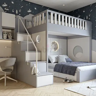 Modern loft bunk bed with staircase, storage and study nook - gently used