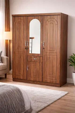 Modern 3 Door Wooden Wardrobe with Drawer  Shelves – Oak Bedroom Closet Storage Cabinet