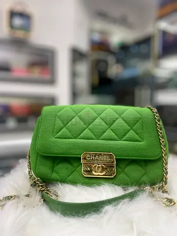 Chanel Matelasse Green Cotton Jersey Leather Single Flap Shoulder Bag (Authentic/PreOwned)
