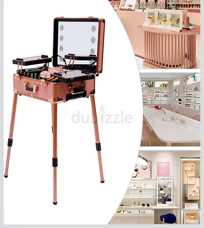 Portable Rose Gold Makeup Case with LED Mirror and Fold-Out Stand