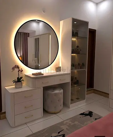Dressing table with LED round mirror and glass display cabinet