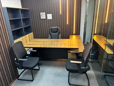 Selling my executive office desk set — large wooden desk, 2 guest chairs and 2 shelving (used)
