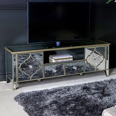 Mirrored Entertainment Unit — 3-Drawer TV Console with Glass Top