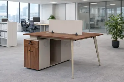 2 Seater Office Workstation Desk with Drawers – Face to Face Walnut Wooden Office Table