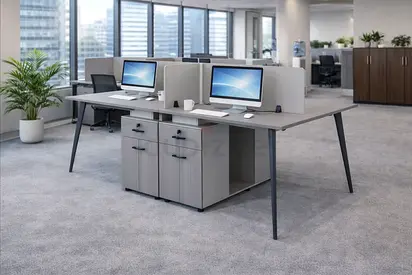 4 Person Office Workstation with Drawers - Modern Face to Face Office Desk Grey Wooden Table