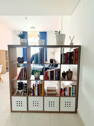 Shelving unit, brown, including boxes