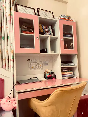 Pink  White Study Desk with Hutch and Shelves