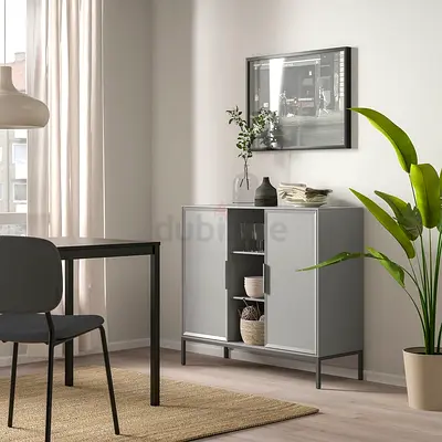 Compact grey sideboard cabinet with open shelves