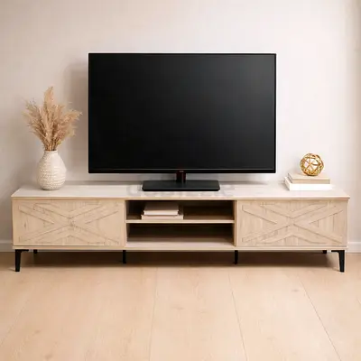 Modern TV Unit 180CM with Storage Shelves - White Wash Wooden TV Stand Entertainment Console