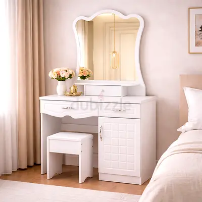 Modern Wooden Vanity Set – Dressing Table with Mirror and Stool for Bedroom