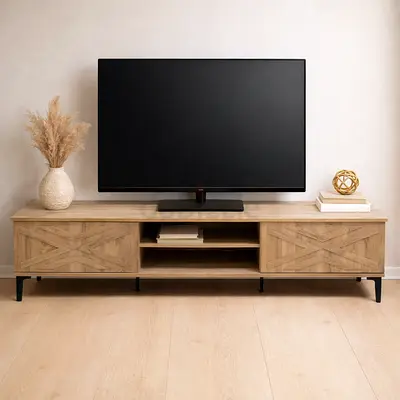 Wooden TV Media Unit with Storage Shelves - Sonoma Oak TV Stand 180CM for Living Room