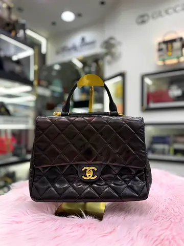 Chanel Black Glazed Calfskin Quilted Large Gold Bar Top Handle Flap (Authentic/PreOwned)