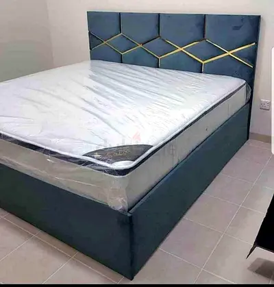 Stylish Blue Velvet Bed with Mattress