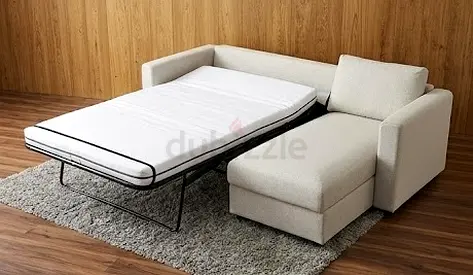 Beige L-shaped Sofa Bed with Chaise and Pull-Out Mattress