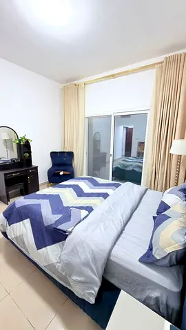 Sea view, first occupancy, furnished one-bedroom apartment with a large balcony for monthly rent in Al Khan, Sharjah