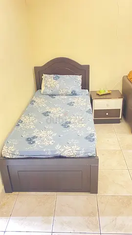 Single wooden bed frame with mattress and bedside table, wardrobe and shoe rack for sale