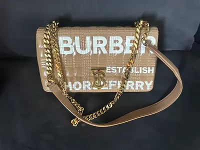 Burberry TB Quilted Patent Leather Chain Shoulder Bag - Beige