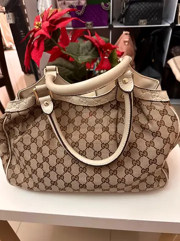 Authentic Gucci Medium Sukey Hobo – GG Canvas with Ivory Leather