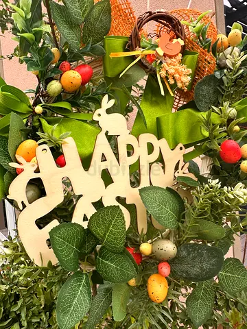 Handmade Easter wreath — greenery, yellow flowers bunny