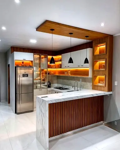 Modern kitchen island with marble countertop  built-in wooden cabinets
