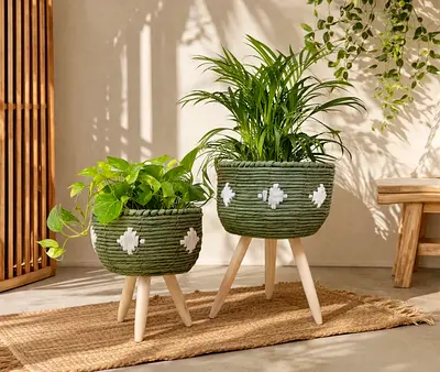 Set of 2 Woven Green Planters with Wooden Tripod Legs - No plants included