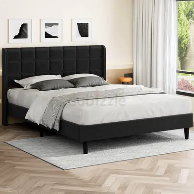 Box padded headboard dark gray king platform bed