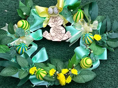 Handmade Easter wreath — greenery, yellow flowers  bunny