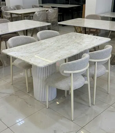Modern marble dining set — 4 cream bouclé chairs