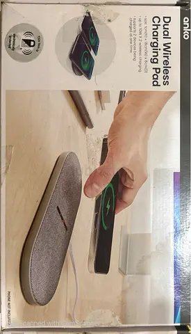 My dual wireless charging pad (Qi) — charges two phones, boxed