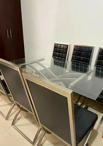 Modern Glass Dining Table with Metal Base with 6 chairs