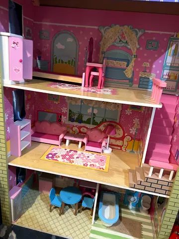 My Pink Wooden Dollhouse with Furniture - Good Used Condition
