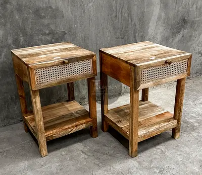 Mango  Wood Nightstands with Rattan Drawer