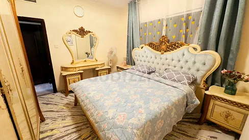 Cream  gold 3-piece bedroom set — large wardrobe, vanity and double bed along with the high Mattres