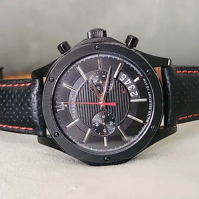 Maserati Mens Black Sport Watch with Red Accents