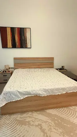 Complete bedroom set including a king-size bed with mattress, sofa, table, standing mirror, and deco