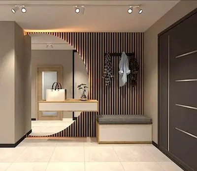 Modern entryway set — floating console, bench  round mirror