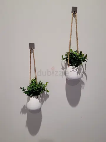Set of 2 Hanging Wall Planters - White Ceramic with Rope