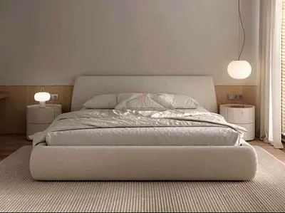 My beige upholstered bed frame with padded headboard