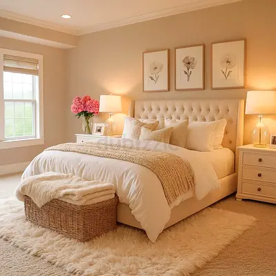 My tufted cream upholstered bed with headboard and matching nightstands