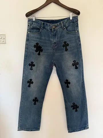 Chrome hearts Blue denim jeans with black cross patches 34
