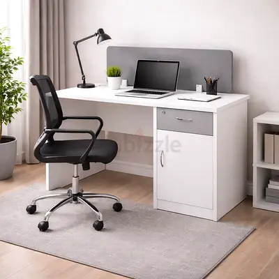 White Office Desk 120CM with Drawer  Cabinet - Single Person Office Workstation Table