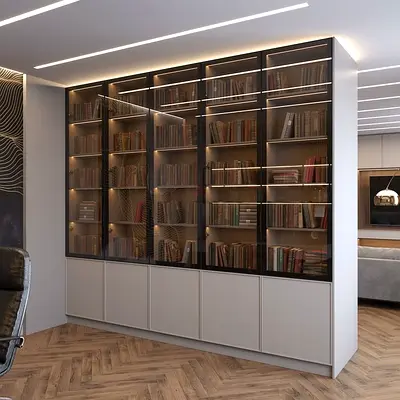 large LED-lit glass door bookcase with lower cabinets