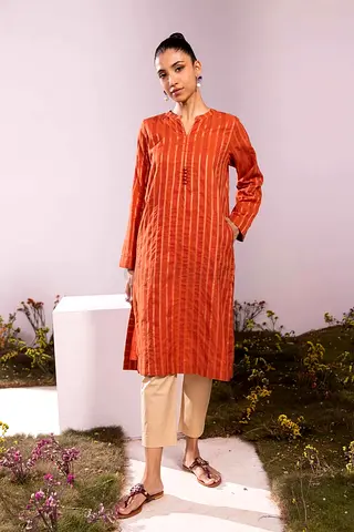 Brand. New Rust Orange Striped Long Kurta by AL Karam